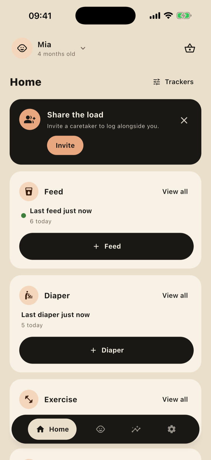 Lil'Bambino home screen showing today's feeds and diapers