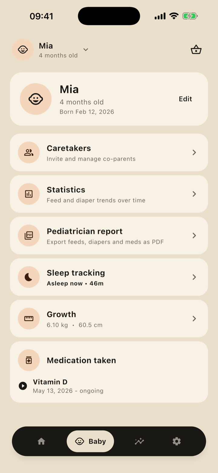 Baby profile hub with quick links